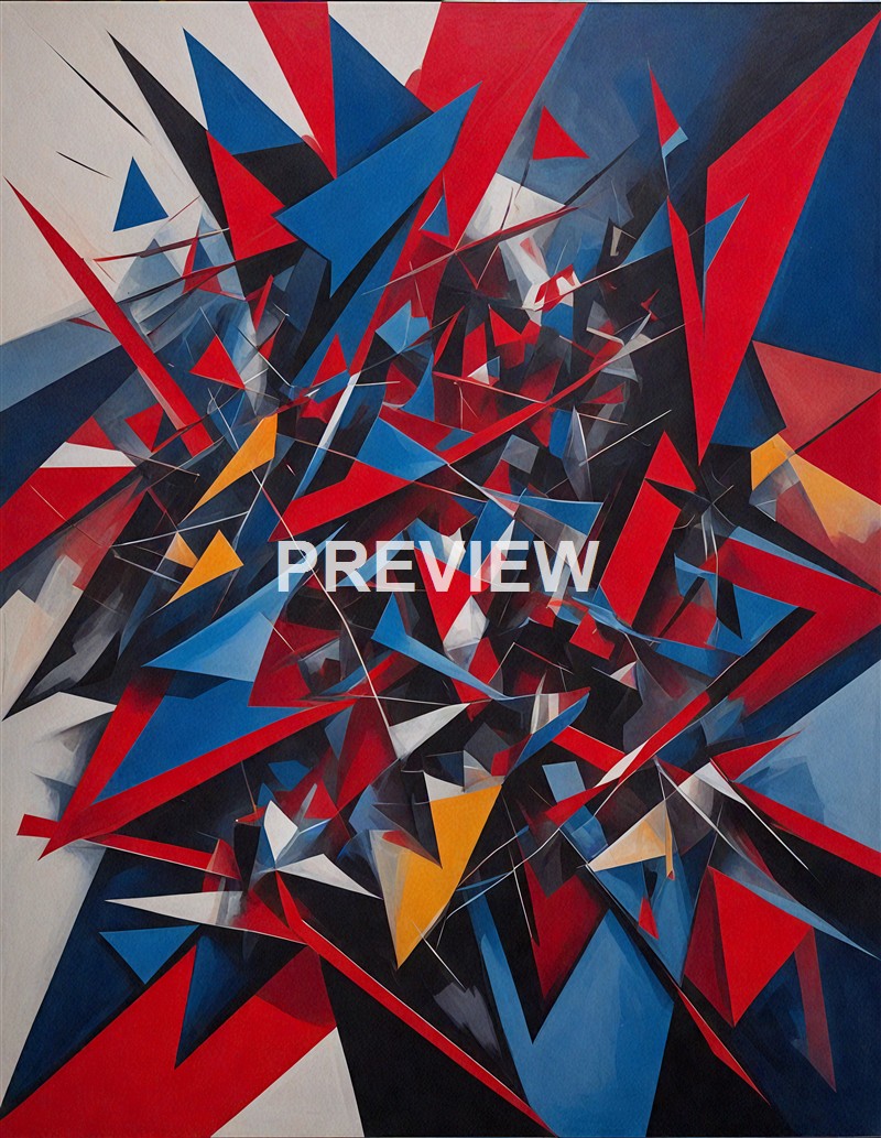 An abstract painting featuring a dynamic explosion of geometric shapes in red, blue, black, white, and yellow, creating a sense of movement and complexity.